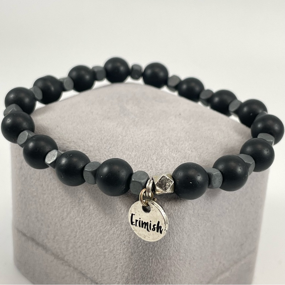 Erimish Matt Black Glass Round Square Beaded Stretch Bracelet